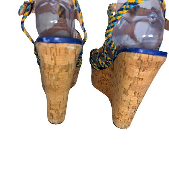 Schutz Caron Olympian Blue HIgh Heel Cork Wedge Platform Multi Color Sandals..10 - Picture 7 of 9